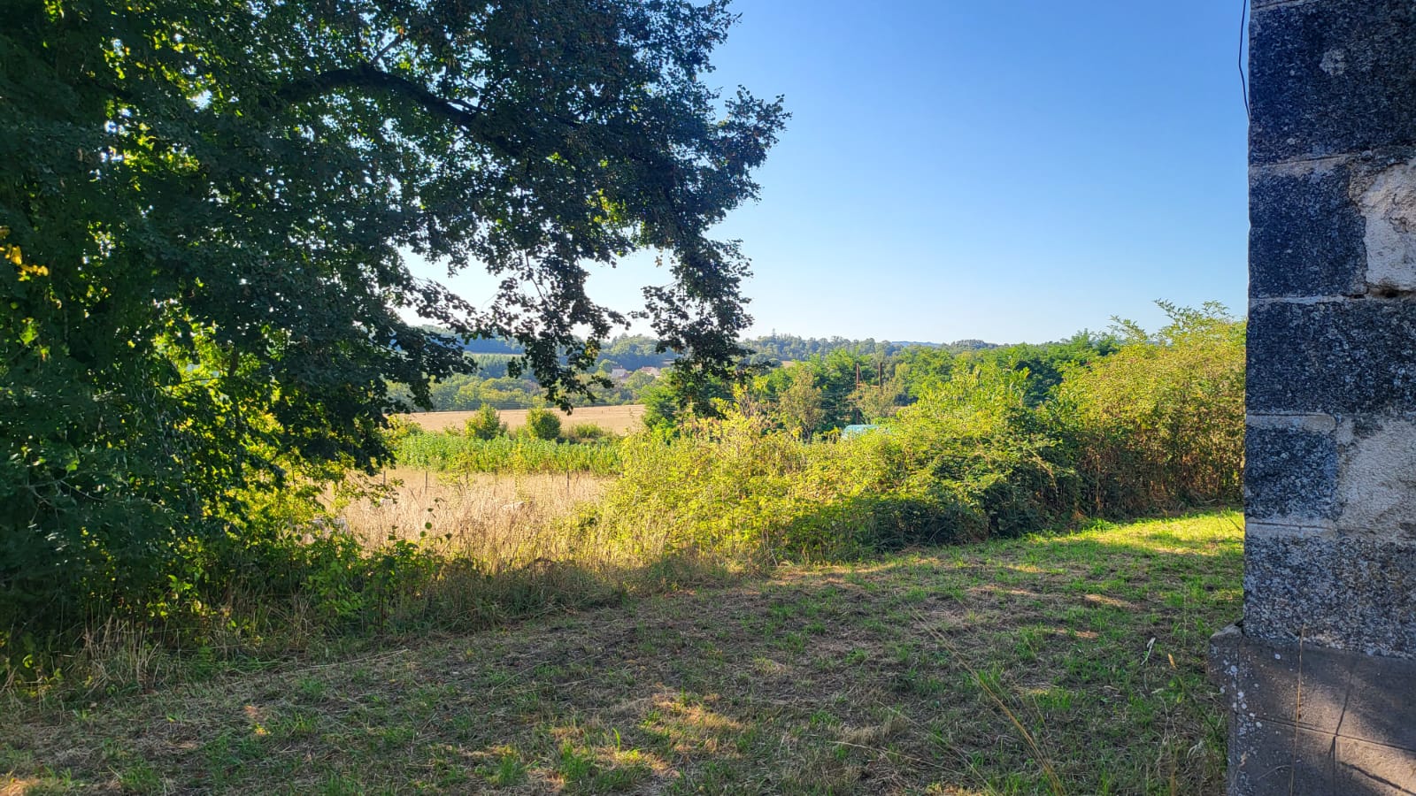View from the château grounds across meadows and hedgerows towards the rolling, wooded hills of the Limousin, with a stone wall at the right and overhanging tree branches above
